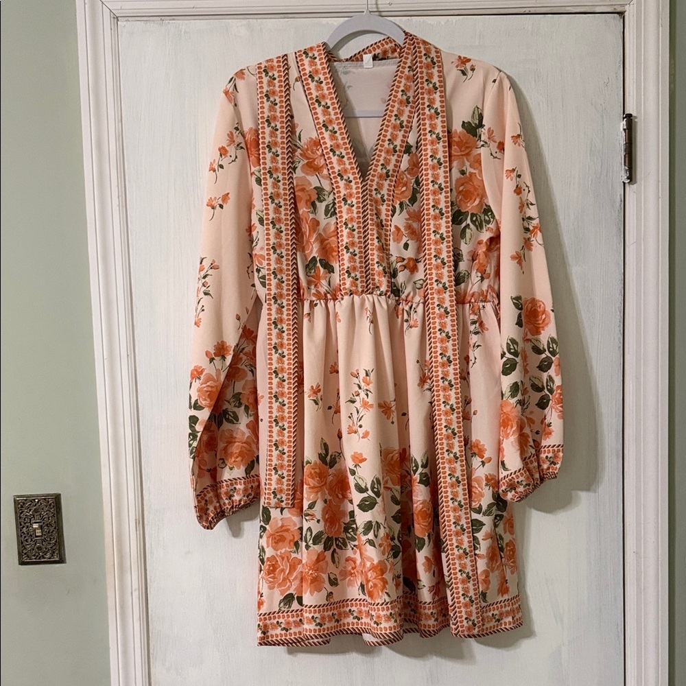 Floral Boho Dress with Orange and Cream Pattern